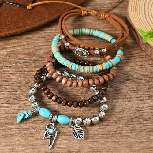 Long tiantian Western Turquoise Beaded Bracelet Set for Women Stackable Cowgirl Bracelets Boho Concho Jewelry Country Concert Rodeo Outfit Accessories Gifts - color: D5
