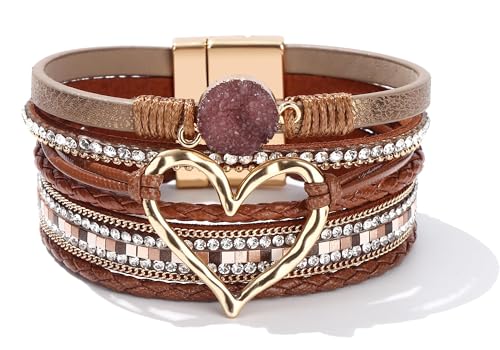 Long tiantian Leather Bracelets for Women Warp Bracelet Stackable Boho Layered Bracelet Chunky Heart Trendy Birthday Gifts for Her - color: B12:Bohemian Bracelet(Brown)