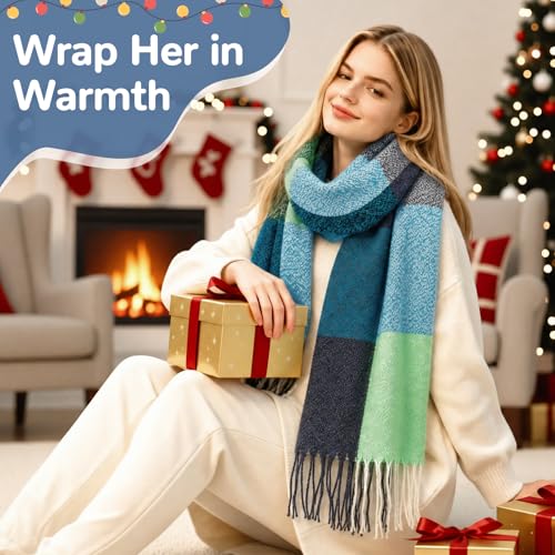 Loritta Womens Scarf Fashion Long Plaid Shawls Wraps Big Grid Winter Warm Lattice Large Scarves Gifts - color: J-green Water Blue Plaid