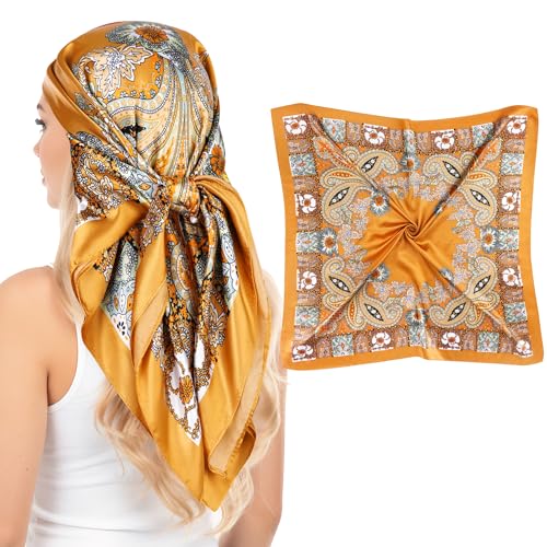 Pistha Head Scarf Bandana for Women, Satin Scarf for Hair, Large Square Silk Bandana Headscarf for Women and Men 35 Inch - style: Classic-gold