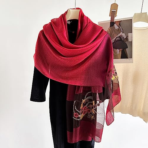 WINCESS YU Women Mulberry Silk Scarf Long & Large Embroidered Floral Pattern Shawl and Wraps Neckerchief for Hair & Neck - color: Gradient Red