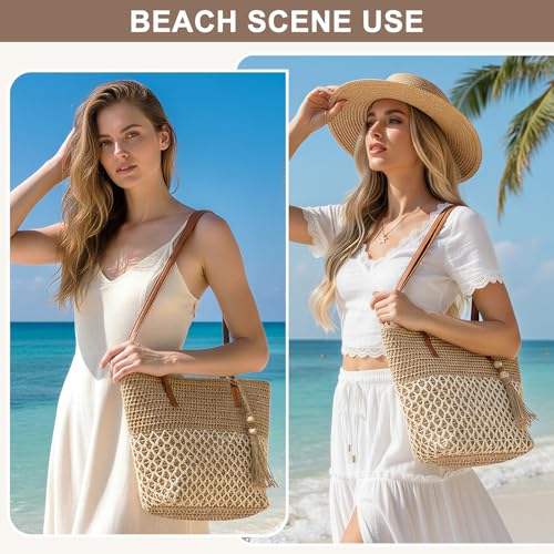 YAMEIZE Straw Woven Beach Shoulder Bags for Women Big Foldable Straw Tote bag Lightweight Raffia Bag with Zipper Summer - color: Multicoloured