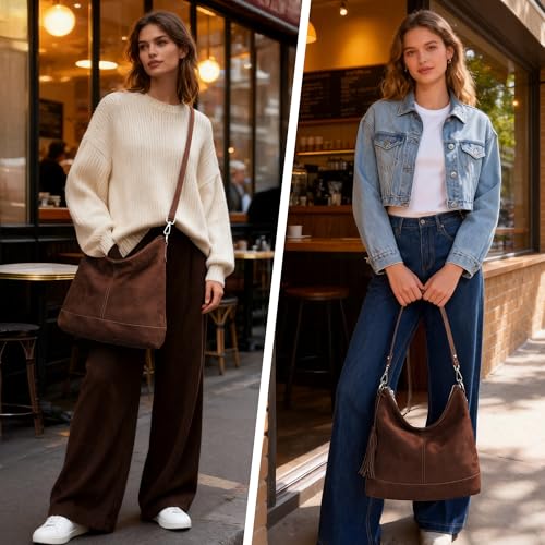 Genuine Leather Hobo Crossbody Bag for Women, Soft Real Leather Bucket, Shoulder Handbag Purse with 2 Removable Strap - color: Red Brown