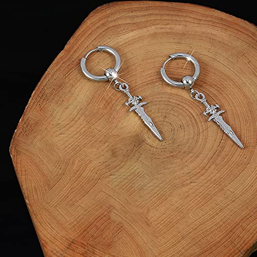 Sword Drop Dangle Small Hoop Earrings for Women Men Stainless Steel Engrave Dagger Halloween Statement Charms Drop Dangling Hoops Cuff Cartilage Wrap Vintage Punk Pray Jewelry - color: Silver