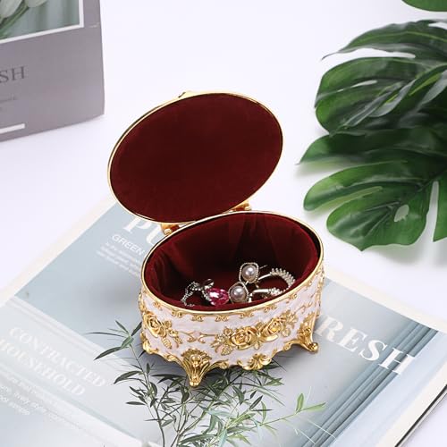 Hipiwe Vintage Metal Jewelry Box - Oval Trinket Organizer Ring Box Case with Rose Pattern Jewelry Storage Box for Ring Earrings Necklace, Gift for Women - color: Beige