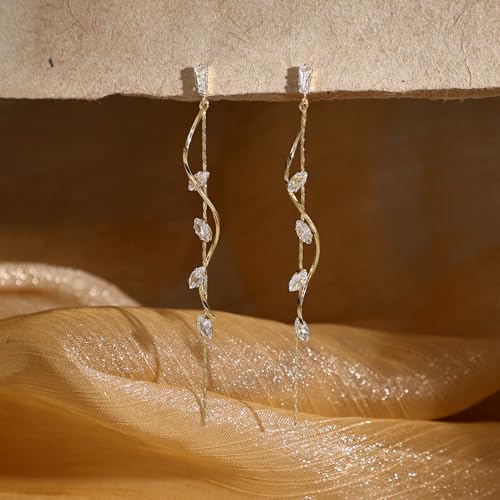 Robaice Gold Long Prom Earrings for Women, 14K Gold Plated Pearl Dangle Drop and Chain Tassel Threader Earrings Dangling，Rhinestone Zirconia Hypoallergenic Bride Party Prom Gold jewelry，Women Gifts - style: C-dangle twist drop，CZ