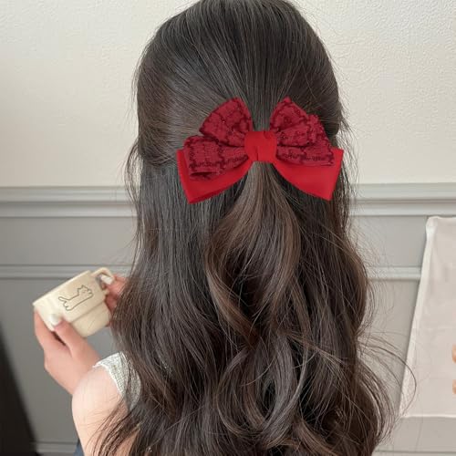 2Pcs Red & Pink Grid Velvet Big Bow Hair Clips for Women Girls, Cute Aesthetic No-Long-Tail Hair Barrettes for Daily Wear