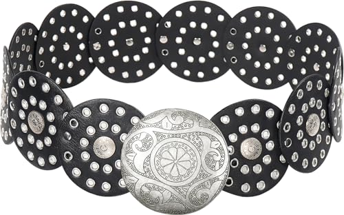 Wide Disc Belt for Women Vintage Leather Hollow Out Round Belt Western Waist Belt - color: Silver Black, size: S (39.7 in)