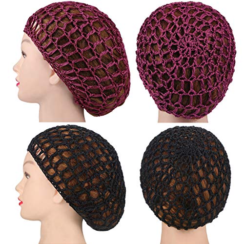 Geyoga 4 Pieces Mesh Crochet Hair Net Rayon Knit Snood Hat Thick Short Women Hairnet Snoods Cover Ornament for Sleeping (Black, Gray, Wine Red, Brown) - color: Black, Gray, Wine Red, Brown