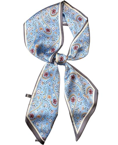kcctoo 59” Long Silk Like Head Scarf Women's Fashion Square Neck Satin Scarfs for Bag Hair Scarves Gift 59 * 5.9” - color: D2 Blue Flower Drop Shaped 59" X 5.9"