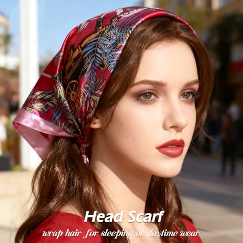 Ciormis 35" Silk Head Scarf for Women, 4 Pcs Satin Hair Scarf Square Silk Bandana Top Neck Scarves Hair Wraps for Sleeping - color: N1-leaves-set7