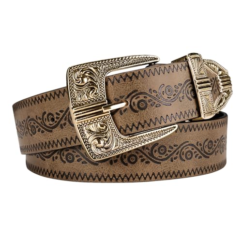 Dubulle Womens Belt Chain Leather Belts Vintage Western Adjustable Elastic Double Buckle for Cowboy Pant Dress - color: Brown Gold