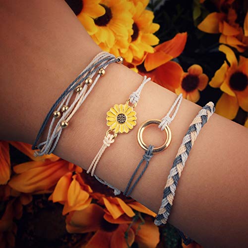FANCY SHINY Easter Gifts Basket Stuffers Sunflower String Bracelet Boho Braided Rope Wrap Bracelets Cute Summer Beach Surfer Jewelry for Women - color: Ivory