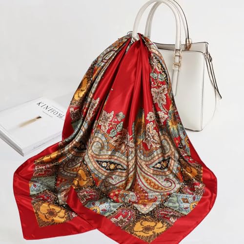 Large Square Head Satin Scarf Silk Feeling Hair Scarf 35"Head Scarves Bandana for Women Headscarfs for Women's Hair - color: C1-red