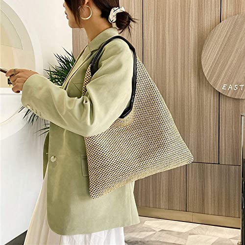 Hand-woven Straw Shoulder Bag Boho Black Leather Top Handle Tote Retro Summer Beach Bag Holiday Travel Handbag - color: Khaki