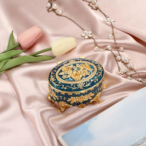 Hipiwe Vintage Metal Jewelry Box - Oval Trinket Box Ring Case with Rose Pattern Jewelry Storage Box for Ring Earrings Necklace, Keepsake Box for Women - color: Blue
