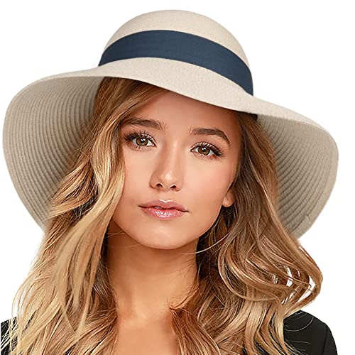 FURTALK Womens Beach Sun Straw Hat UV Protection Travel Packable Foldable Brim Summer UV Hat - color: Beige-sky Blue, size: Large-X-Large