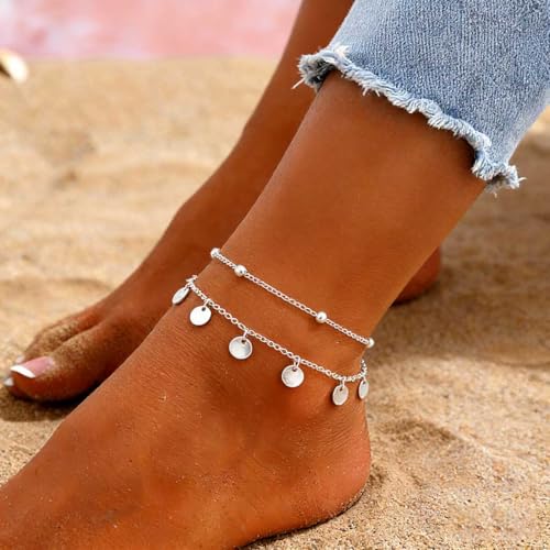Yalice 925 Silver Ankle Bracelets Chain for Women Dainty 14K Gold Plated Waterproof Beads Anklets Layered Beach Foot Jewelry Gift - color: Silver-Sequins