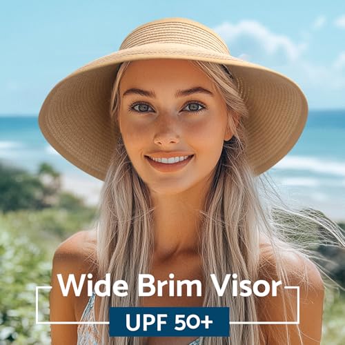 NPJY Sun Hats for Women Wide Brim Roll-Up Beach Ponytail Hat Packable Foldable Travel Straw Visor - color: Beige