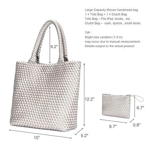 BAGOK Woven Tote Bag for Women, Handwoven Vegan Leather Shoulder Bag with Clutch, Large Tote for Work, Travel & Beach - color: Silver