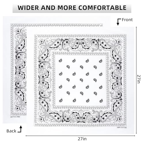 Extra Large Bandana 27” x 27”,100% Cotton bandana for Men and Women，Multi-Purpose Scarf Headbands ，Head Scarfs - color: Black/White