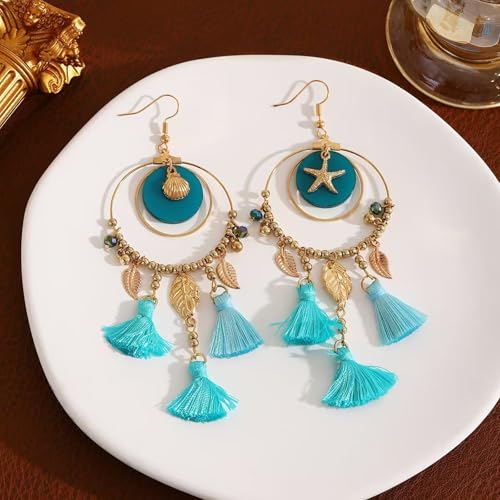 Ocean Starfish Shell Tassel Dangle Earrings for Women, Bohemian Blue Green Beach Sea Inspired Statement Dangle Boho Tropical Summer Vacation Jewelry Gift