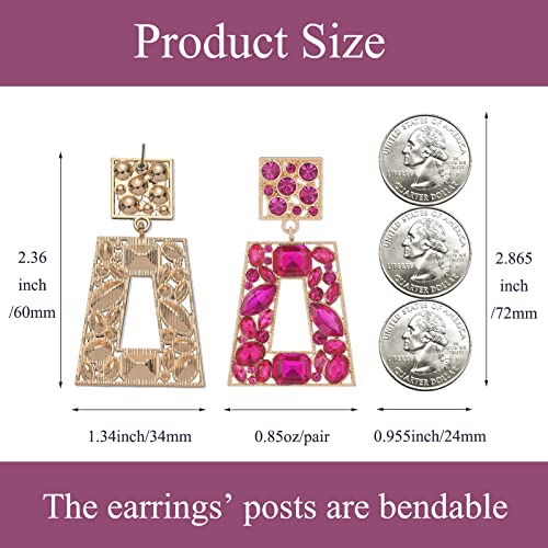 Rhinestone Rectangle Statement Earrings Colorful Crystal Geometric Drop Dangle Earrings for Women Prom Party - color: hot pink