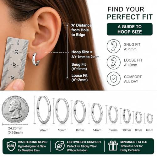 925 Sterling Silver Huggie Hoop Earrings for Women Men, Hypoallergenic Small Sleeper Hoop Earrings for Sensitive Ears, Lightweight Tiny Cartilage Helix Tragus Hoops 6mm 8mm 10mm - size: silver 10mm