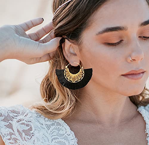 Tassel Hoop Earring Statement Thread Dangle Earrings Stylish Long Fringe Drop Earrings Lightweight Long Swingy French Hook Earrings for Women - color: B Black