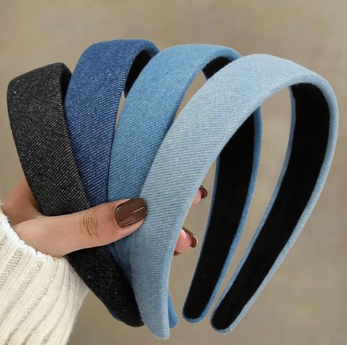 Huachi Headbands for Women Non Slip Trendy Denim Headbands for Women’s Hair 1 inch Wide Cute Headband for Girls, Vintage Head Bands Elastic Hair Bands Fashion Accessories for Women 4PCS - color: Denim Headband Set