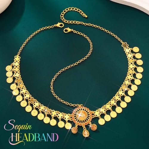 Catery Gold Coins Head Chain Gypsy Headpiece for Women Cotusme(Small Coin) | Rhinestone Egyptian Head Piece Accessories Belly Dance Hair jewelry Headband for Cleopatra Costume Hallween Party Sparkly - color: Small Coin