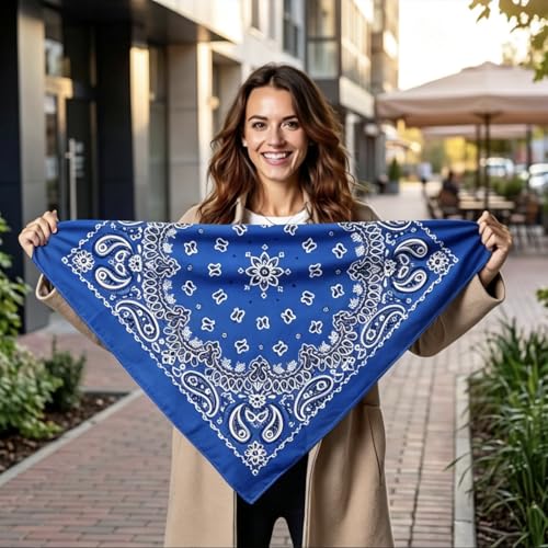 Junvena 27 Inch Extra Large Bandana 100% Cotton,Soft Thin Breathable Headband for Men Women, Solid & Paisley - color: Blue 3 Pack