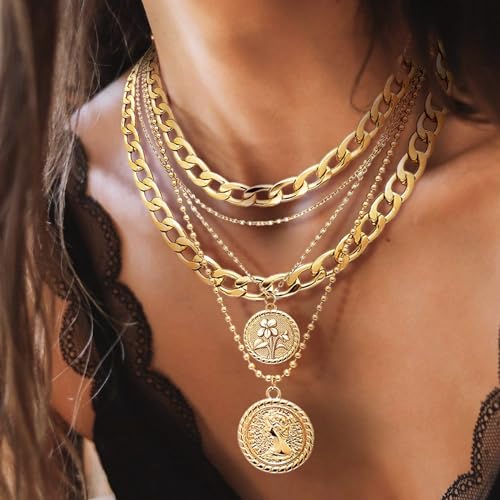 MJartoria Gold Layered Necklaces for Women Trendy Retro Birthflower Coin Pendant Necklace Dainty Chunky Chain Choker Necklaces for Jewelry Birthday Gifts - color: Golden, style: February Birthflower-Violet