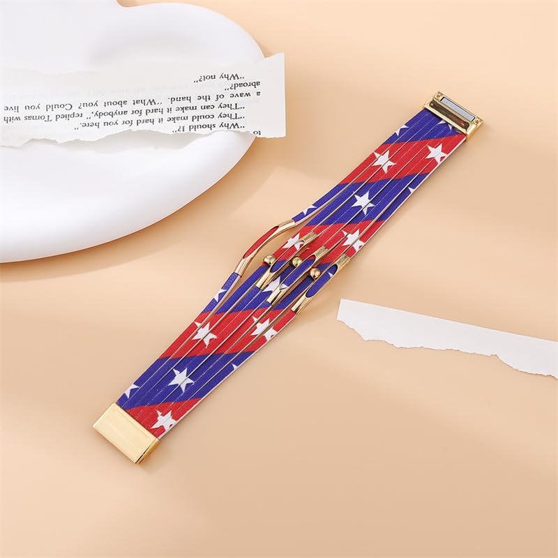 Leather Wrap Cuff Bracelets 4th of July America Patriotic Flag Wristbands Gold Tube Bangle Red White Blue Star Stackable Multi Strand Bracelets Bohemian Holiday Jewelry for Women Teen Girls