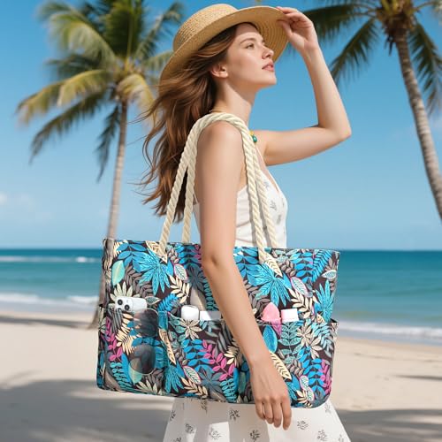 Becokan Beach Bags for Women Canvas Large Beach Tote Bag Zipper Waterproof Sandproof Foldable Swim Pool Bag with 7 Pockets - color: Leaves