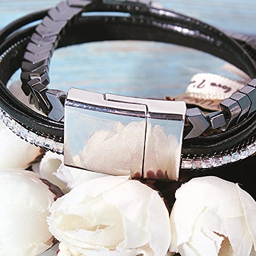 FANCY SHINY Hematite Leather Wrap Bracelets Beaded Healing Stone Cuff Bracelet Rhinestone Boho Jewelry Gift for Women with Clasp - color: Black