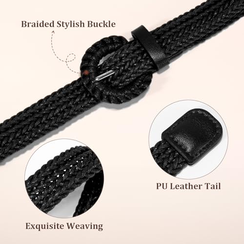 JASGOOD Women's Straw Braided Woven Boho Belt - Skinny Raffia Waist Strap for Summer Dresses & Jeans(Width:0.9") - color: Black, size: Waist size below 43"
