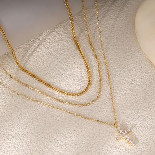 XIXINI Layered Necklaces for Women, Dainty Gold Necklace Stack 14k Gold Plated Layering Beads Choker Pendant Necklace Set Simple Statement Gold Necklaces for Women Trendy Fashion Gold Jewelry Sets - color: 3 cross layered necklaces-Gold