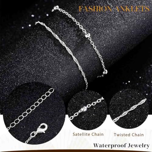 Yalice 925 Silver Ankle Bracelets Chain for Women Dainty 14K Gold Plated Waterproof Beads Anklets Layered Beach Foot Jewelry Gift - color: Silver-Twisted Link