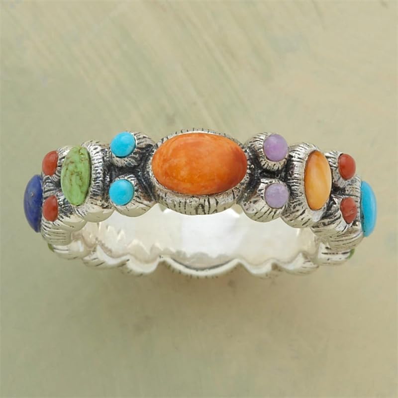 1pc Women's Boho Vintage Colored Beads Band Ring - Hand Crafted Silvery Color Gift for Women - color: Silvery, size: 6