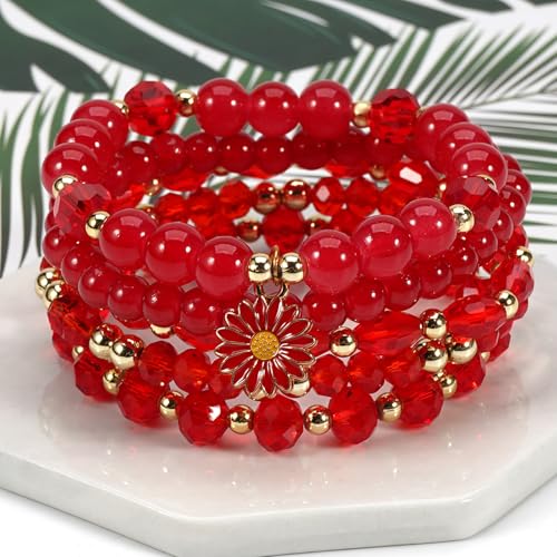 coadipress 5Pcs Bohemian Flower Stackable Bead Bracelets for Women Multilayer Crystal Glass Beaded Charm Bangles Bracelet Boho Summer Beach Hawaii Holiday Statement Jewelry - color: Red