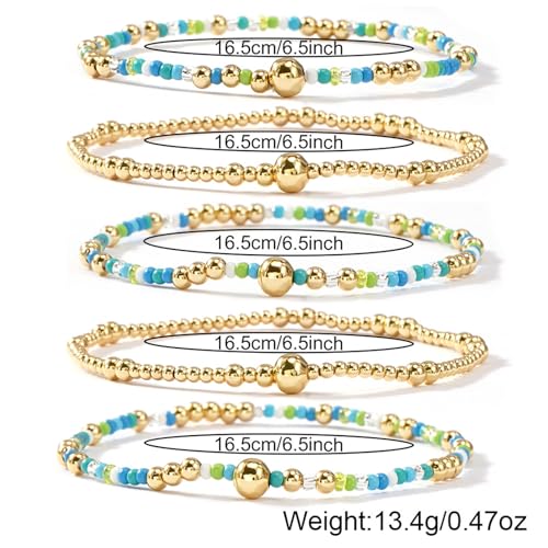 Gold Beaded Stackable Friendship Bracelets Set for Women, Handmade Boho Stretch Summer Jewelry Gift. - color: Gold Blue White Green