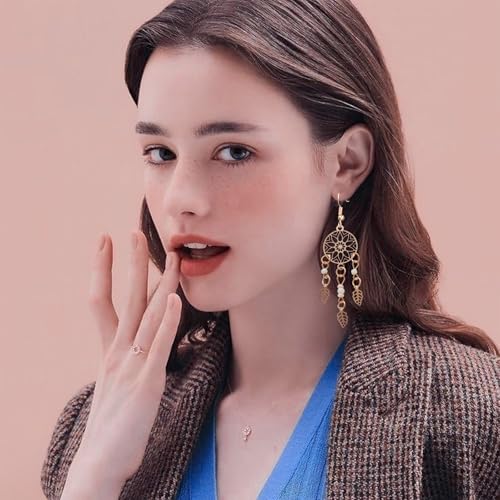 Boho Turquoise Drop Earrings Retro Long Copper Feather Tasse Metal Leaf Dangle Earrings Vintage Country Western Jewelry Cowgirl Ethnic Style Geometric Concert Festival Accessories for Women - color: Gold Tassel
