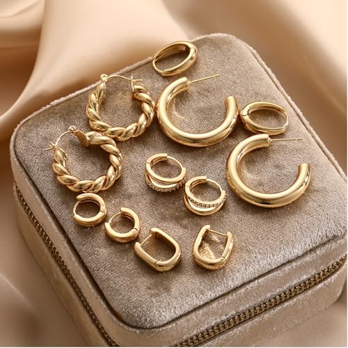 9 Pairs Small Gold/Silver Hoop Huggie Earrings Set for Women, 14K Gold Plated Chunky Hoop Small Earring Hypoallergenic Thick Open Lightweight Chunky Hoop Earrings Jewelry for Gifts - color: Gold-6 Pairs