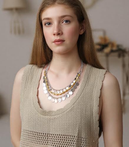 Noessla Layered Beaded Chunky Necklace for Women Boho Two-color Shell Statement Necklace Fashion Collar Costume Jewelry Gifts for Mum - color: 94-Yellow