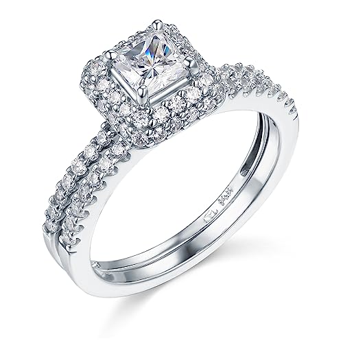 14k Yellow OR White Gold SOLID Wedding Engagement Ring and Wedding Band 2 Piece Set - color: White Gold