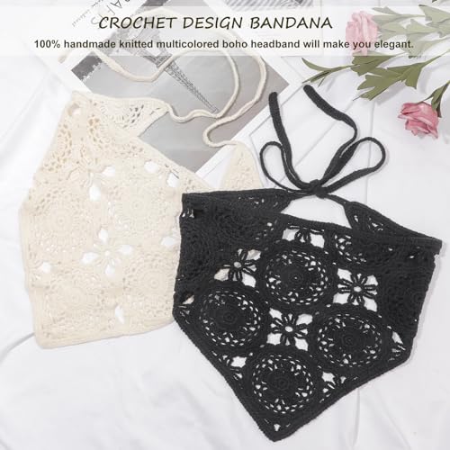 DRESHOW Floral Crochet Hair Bandana Tie Knotted Headscarf Vintage Headband Knitted Head Kerchief for Women Girls - color: 2 Pcs Floral Crochet (Black + Beige)