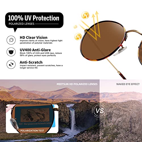 MEETSUN Round Polarized Sunglasses for Women Men Classic Retro Metal Frame Sun Glasses UV Protection - color: Leopard/Brown