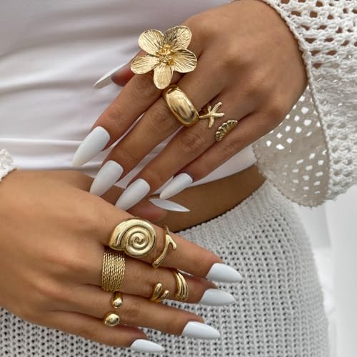 Chunky Gold Rings for Women Non Tarnish Boho Stackable Rings Set Adjustable Open Joint Finger Midi Knuckle Ring Packs - color: Gold Chunky Starfish Rings 8Pcs