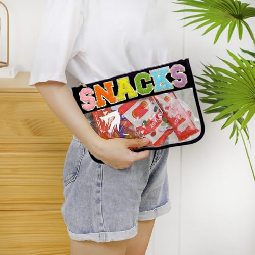 DYSHAYEN Chenille Letter Clear Zipper Pouch for Travel,Nylon Clear Cosmetic Bag,Makeup Travel Bag for Women Girls 11.8 Inches x 8.2 Inches - color: Black-Snacks